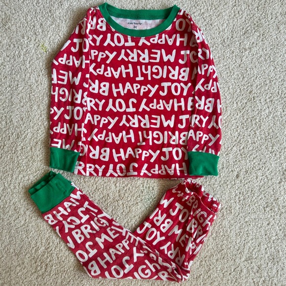 Carters Boy & Girls 3T Red Happy Merry Joy Bright Christmas Pajamas PJS 2 pc set - Picture 1 of 2
